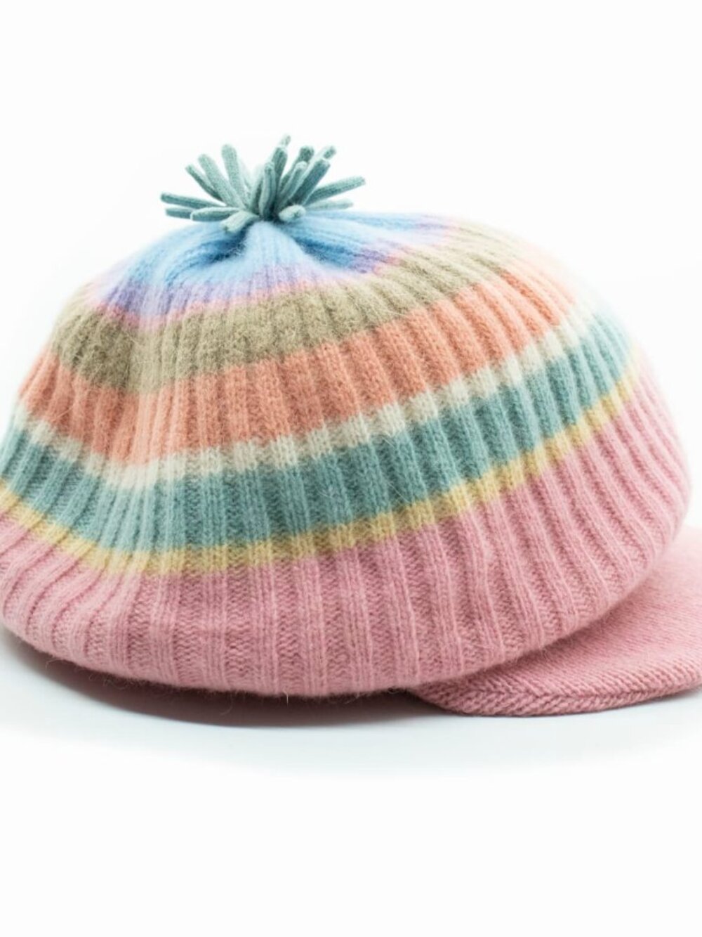 Striped Brim Hat With Pom - Pink
